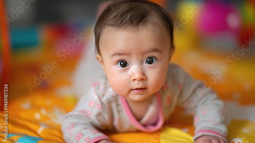 Playful Baby Girl with Curious Eyes on Colorful Play Mat