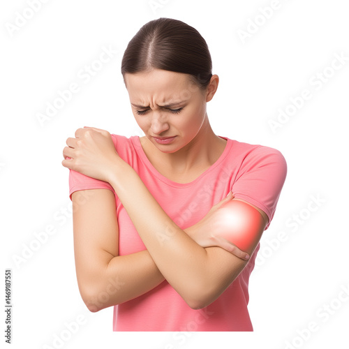 Young Woman Experiencing Discomfort in Elbow Joint While Wearing Pink Shirt Isolated on transparent background