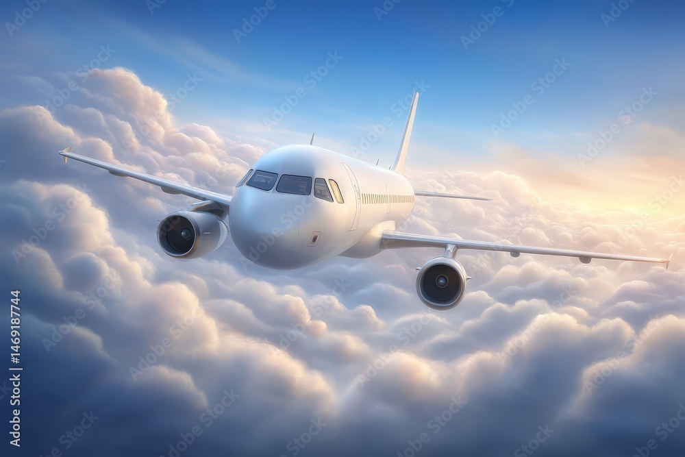 Fototapeta premium A commercial airplane soaring through fluffy clouds under a clear blue sky symbolizing travel adventures and global connectivity with a sense of freedom captured with clarity