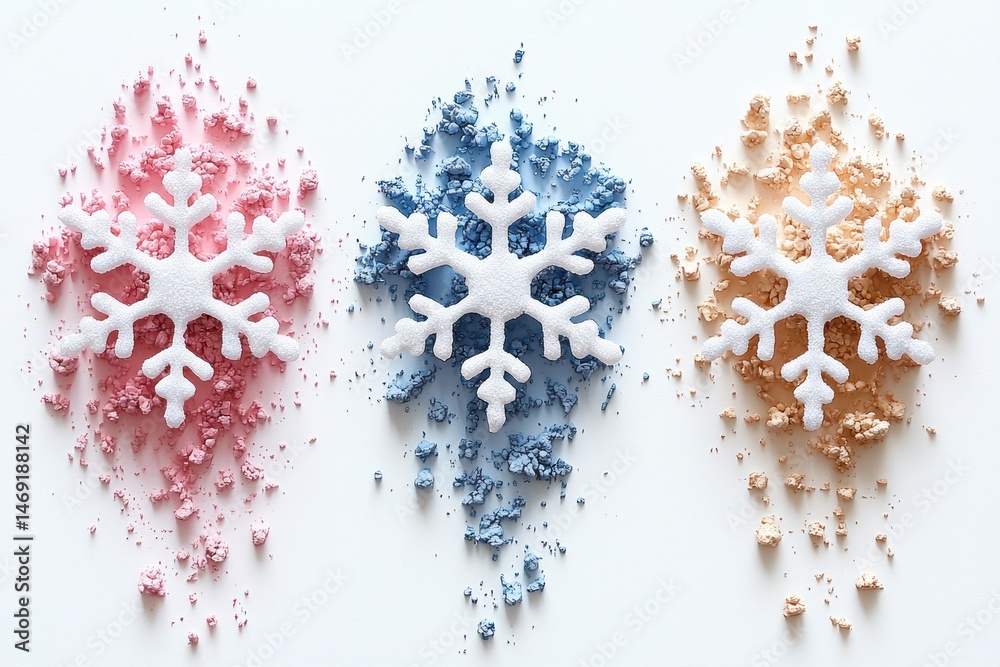 Fototapeta premium Three snowflake shapes atop crushed eyeshadow powder
