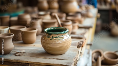 Obraz na płótnie Clay pottery collection arranged on wooden shelves in artisan workshop studio with natural warm tones w salonie