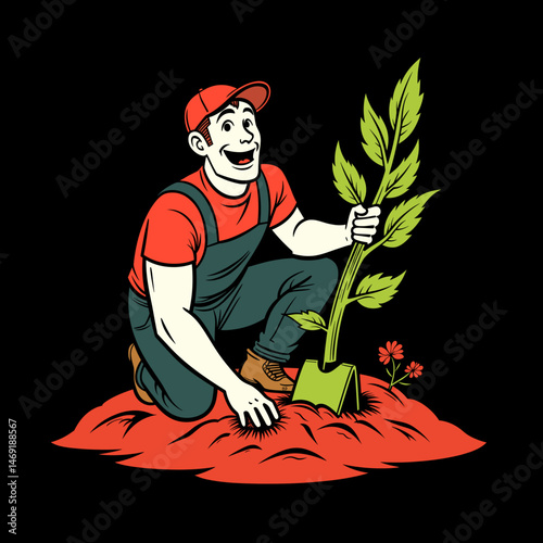 Joyful farmer planting sprouts in garden, cultivation and growth