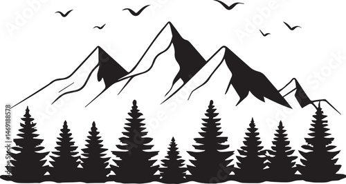Vector cartoon illustration of a winter forest and mountain landscape with a Christmas tree design and falling snow
