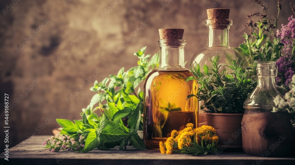 Glass bottles filled with herbal oils surrounded by fresh herbs in rustic setup for natural remedy theme