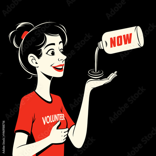 Cheerful woman pouring water, promoting urgency in volunteering