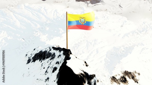 3D rendering of Ecuador's national flag, featuring horizontal bands of yellow, blue, and red with the national coat of arms centered, gracefully waving atop a snow-covered mountain peak, symbolizing n