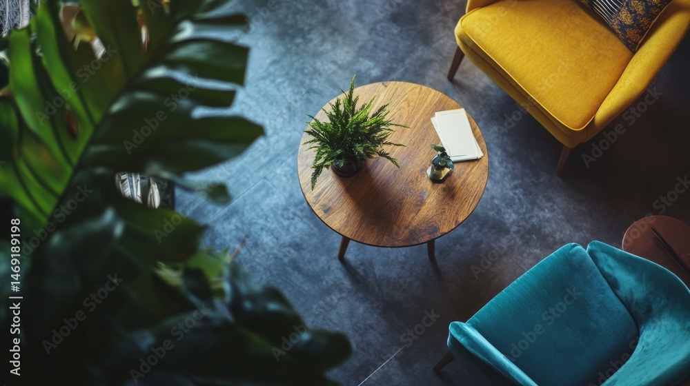 Top view of round modern table with chairs and plants in interior decor layout for home inspiration