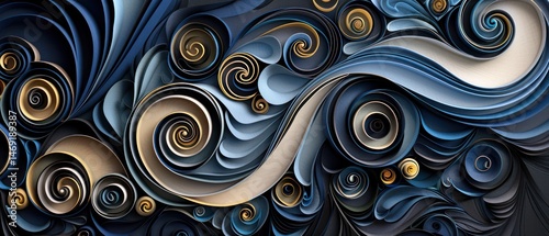 Paper quilling, quilled paper art, beautiful detailed background, swirling wavy pattern flowing paper row curl cross section top view illustration.