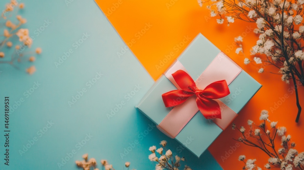 Top down view of gift box with red ribbon among flowers on colorful blue yellow background paper