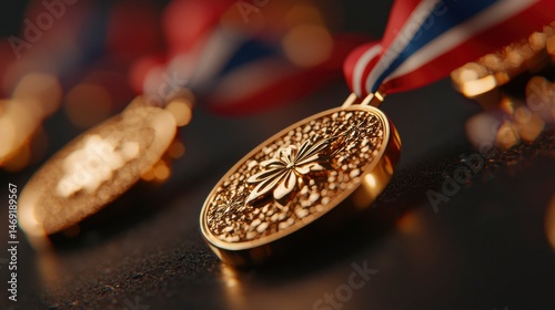 Close-up of golden medals with ribbon