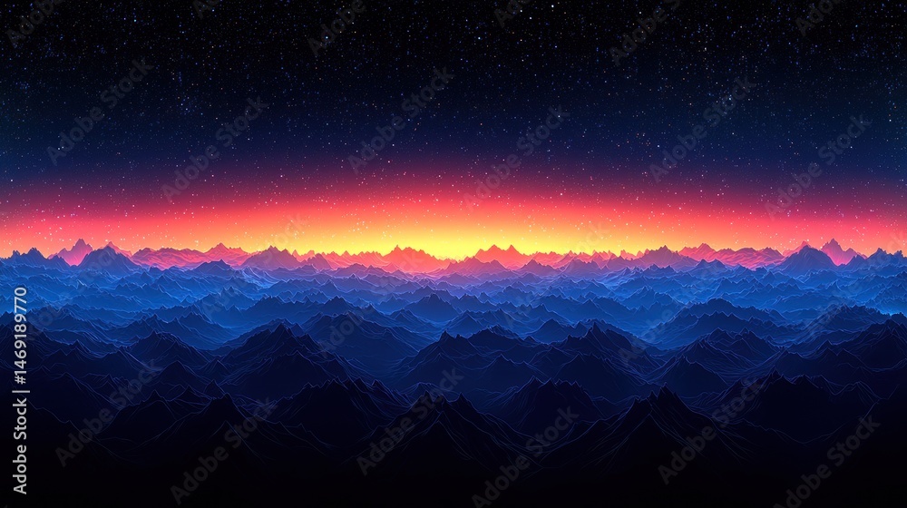Fototapeta premium Sunrise over a mountain range, starlit sky