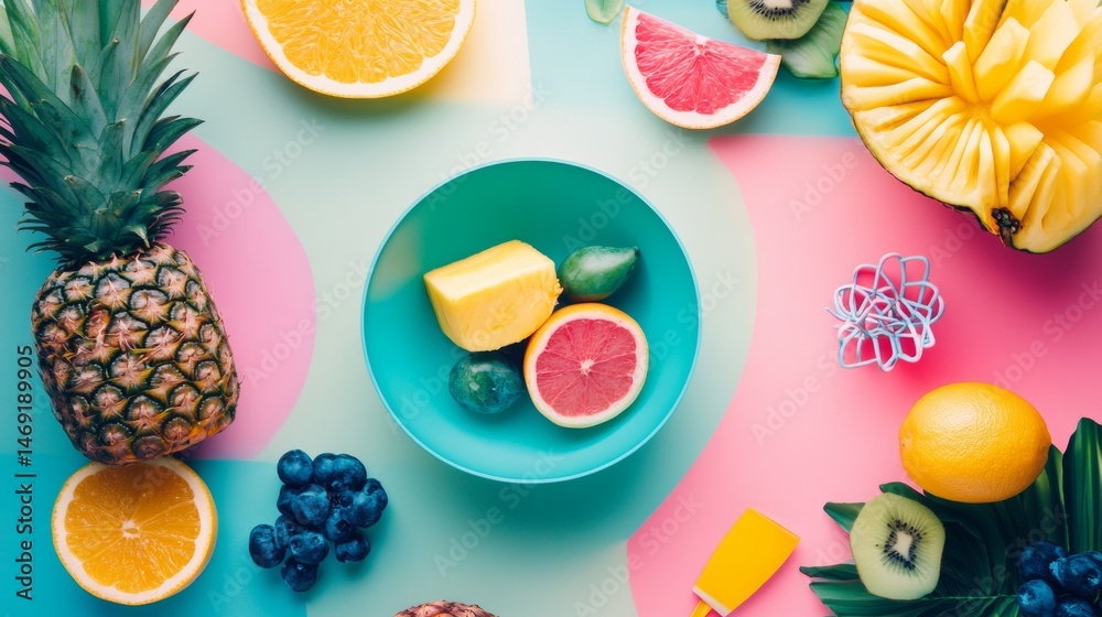 Colorful fruits sliced on pastel background with summer tropical vibes and flatlay overhead composition
