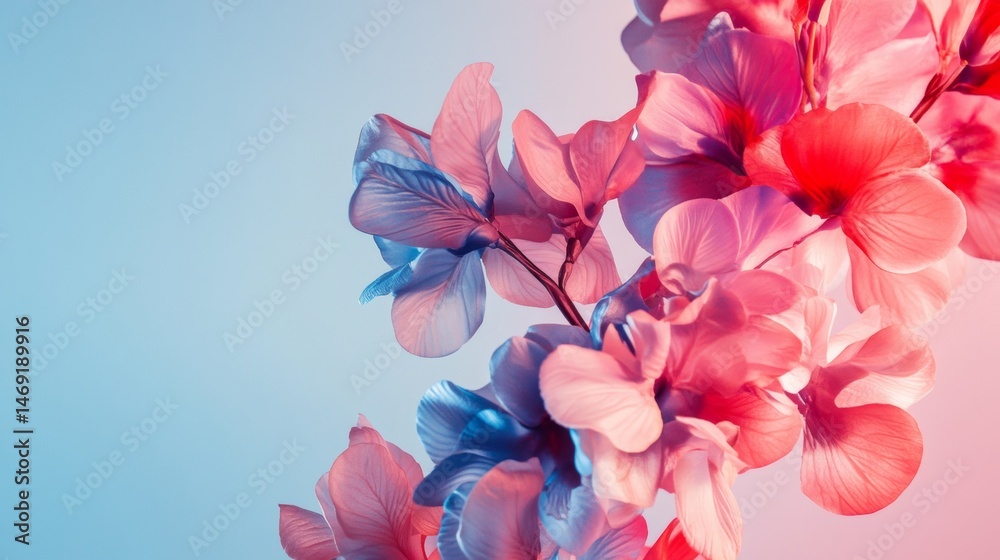 Pink and violet flower petals floating midair on bright background with spring seasonal celebration feel