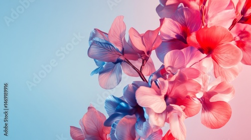 Obraz na płótnie Pink and violet flower petals floating midair on bright background with spring seasonal celebration feel w salonie