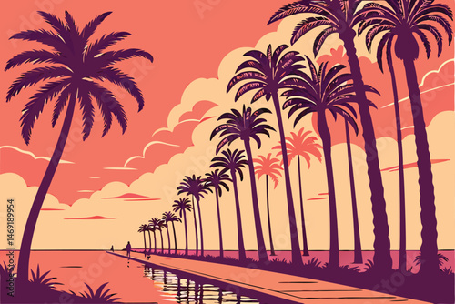 46 palm trees, sunset, reflection, tropical, paradise, serene, reflective surface, long walkway, atmospheric, vibrant colors, cinematic, digital art
