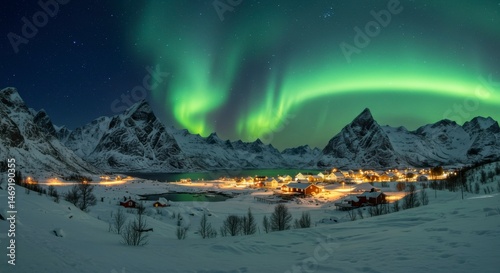 Northern Lights over a snowy village nestled in a fjord