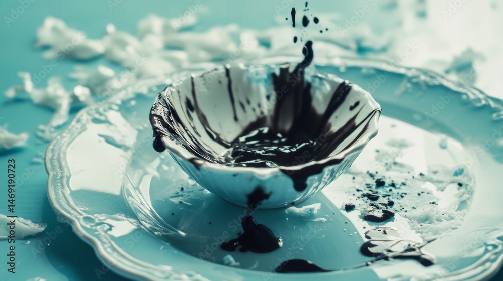Black ink splash crown captured mid motion above reflective water surface in high speed dramatic photography