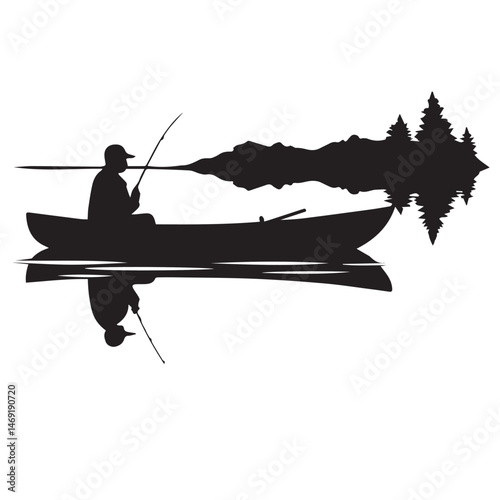 A lone fisherman casts from his boat, silhouetted against the tranquil water with his fishing rod poised
