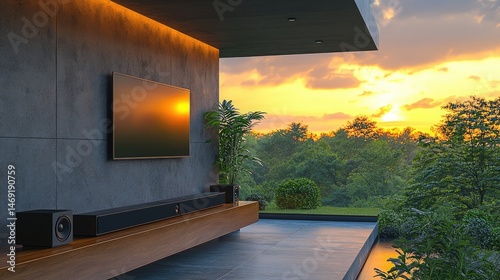 Exterior modern home entertainment area at sunset.