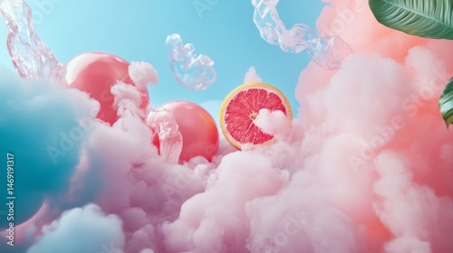 Obraz na płótnie Pink blue and grapefruit clouds in whimsical cotton candy sky fantasy theme digital composition artwork w salonie