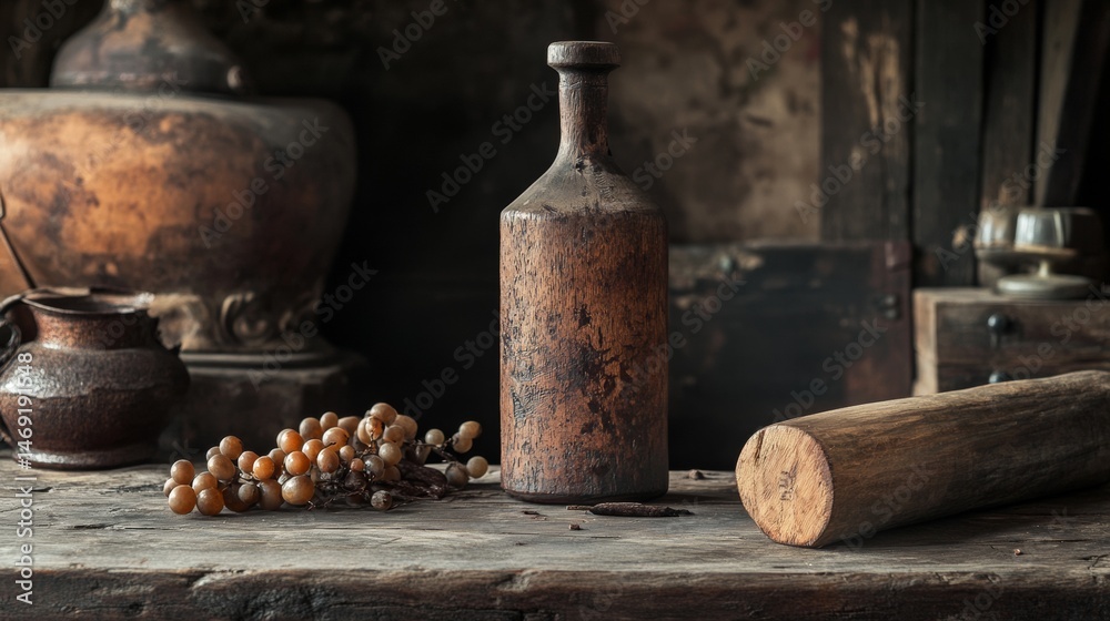 Vintage bottles and ingredients with dark brown tabletop lighting in historical apothecary style composition