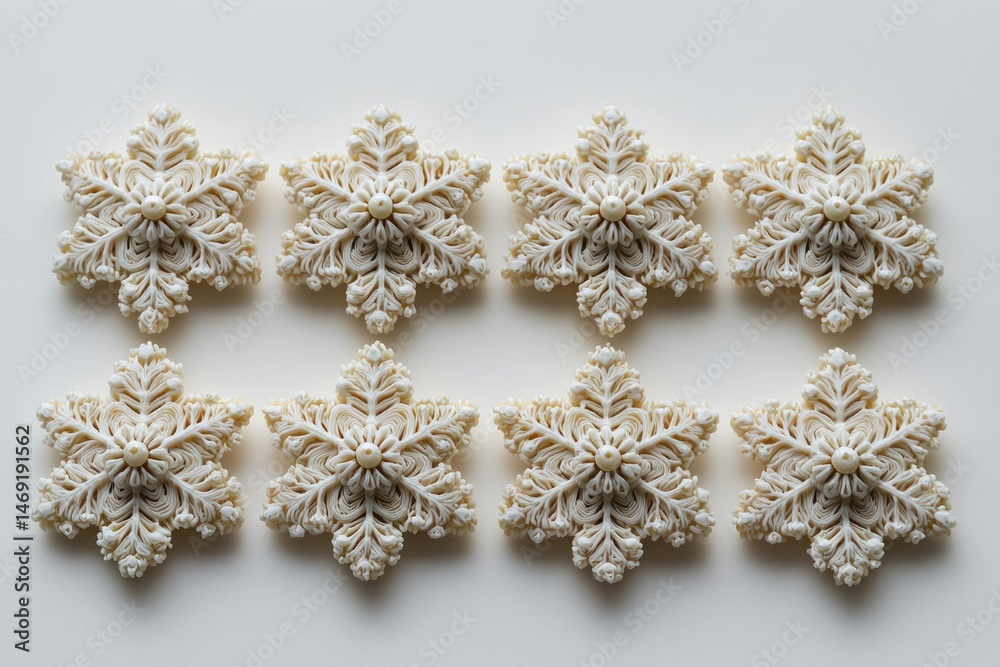 Eight delicate snowflake-shaped cookies arranged in a grid pattern. Each cookie features intricate details and a central pearl Eight delicate snowflake-shaped cookies arranged in a grid pattern. Each cookie features intricate details and a central pearl