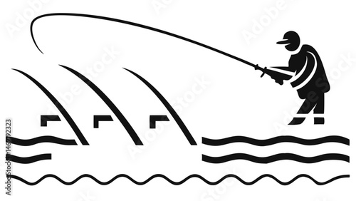 Angler casting line peaceful fishing scene dark monochrome simple design