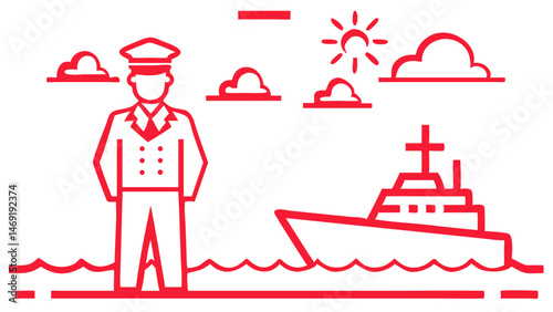Captain awaits yacht sunny day red line art nautical scene sea vessel maritime captain boat arrival