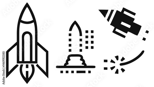 Launching rockets space travel mission control futuristic dark mode icons sleek design simple