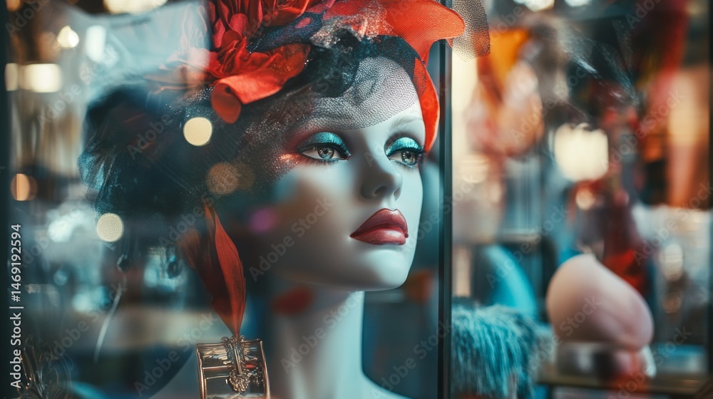 Colorful mannequin portrait with floral hat surrounded by surreal lights and fantasy carnival mood background