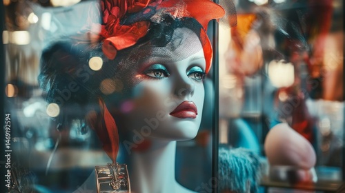 Obraz na płótnie Colorful mannequin portrait with floral hat surrounded by surreal lights and fantasy carnival mood background w salonie