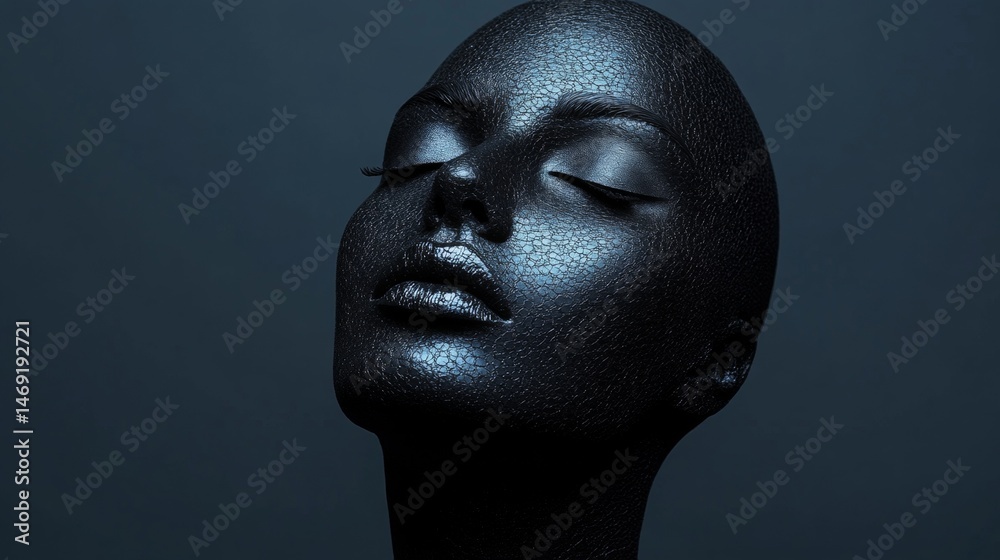 Black sculpture head with closed eyes in dark background conveying calm meditation and modern minimalist art