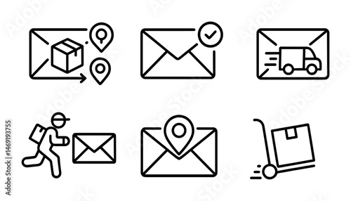 Mail and delivery outline icons set – package, courier, postal service graphics
