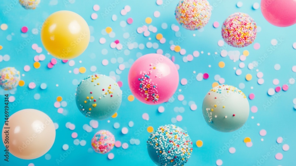 Pastel background with floating candy coated balls and bubble textures in colorful playful fantasy setup