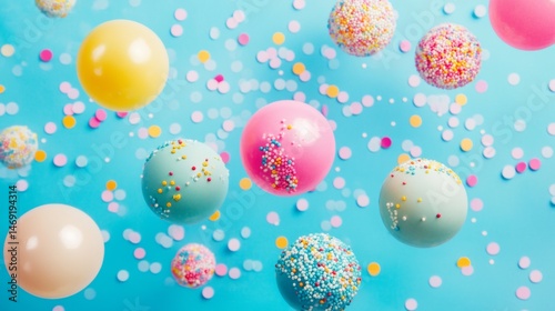 Obraz na płótnie Pastel background with floating candy coated balls and bubble textures in colorful playful fantasy setup w salonie