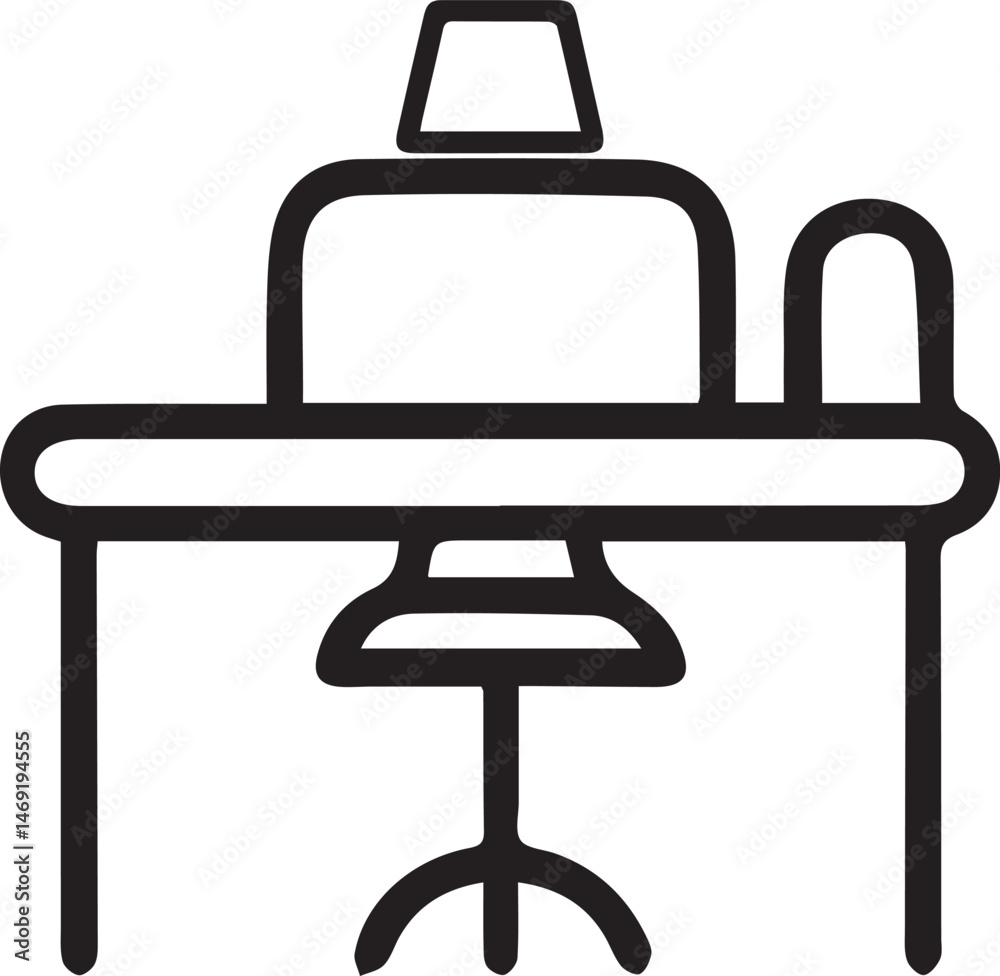 Obraz premium Workspace Icon: Simple, modern line art depicts an office desk and chair, perfect for illustrating business and work-related themes.