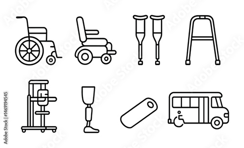 Healthcare and assistive devices icons set – outline, mobility aid, prosthetics symbols