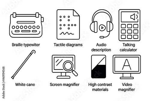 Accessibility and assistive outline icons set – linear, silhouette, inclusion tools