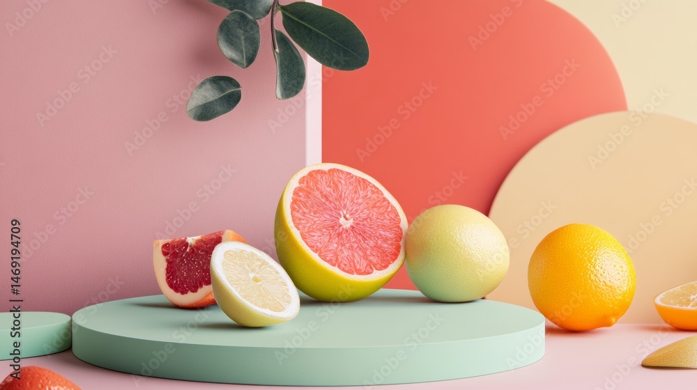 Modern fruit composition with grapefruit orange lemon and plant shadow in pastel minimalist interior design