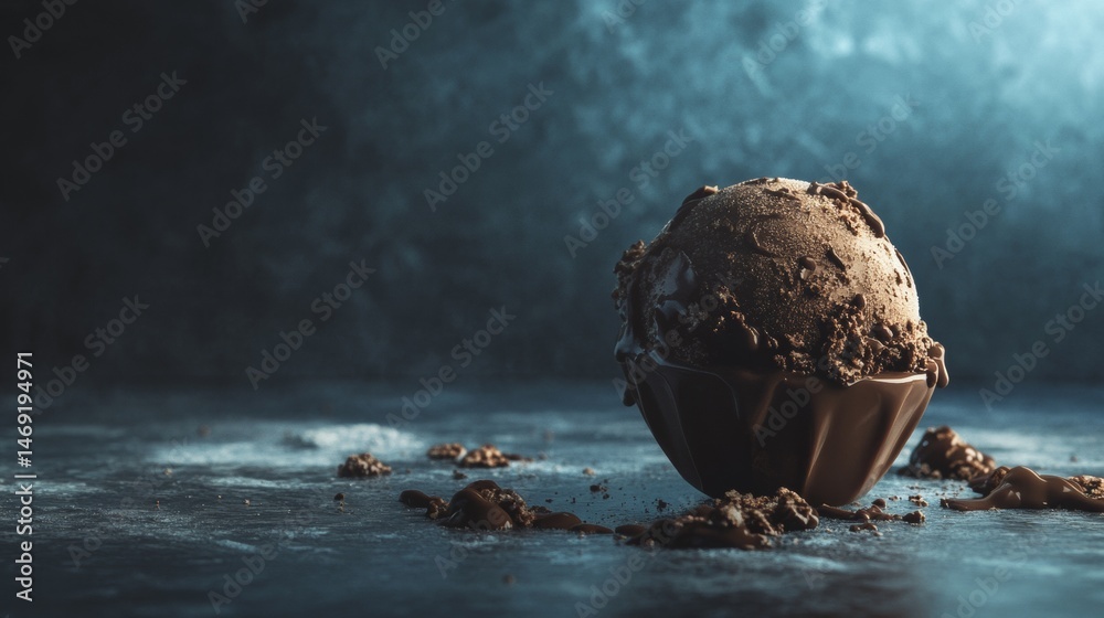 Chocolate ice cream scoop on wooden table in dark moody background with melting creamy texture effect
