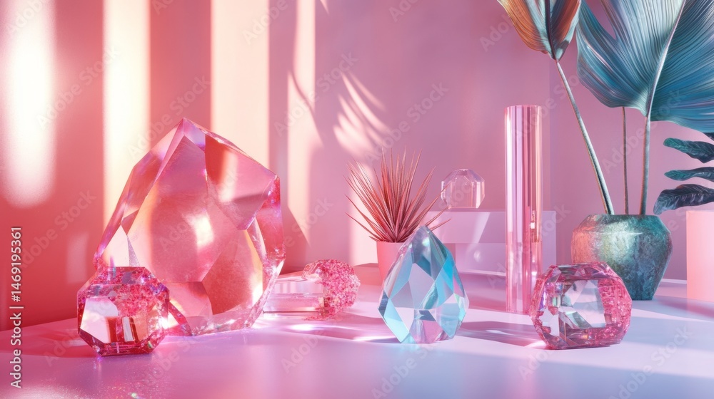 Pink crystals and glassware on white table with neon reflections and shadows in dreamy pastel color setup