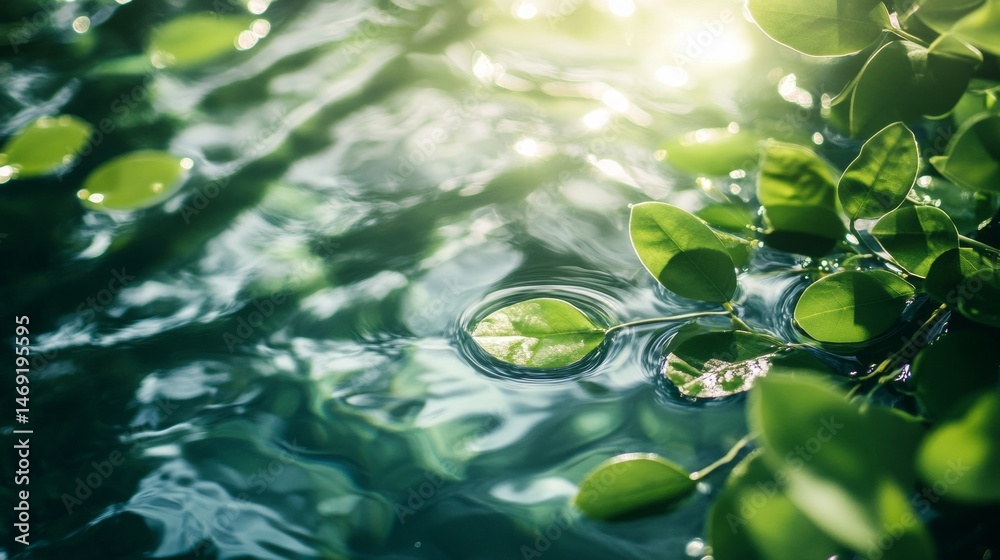 Water surface with leaves floating in sunlight with soft reflections and peaceful ripple details in nature
