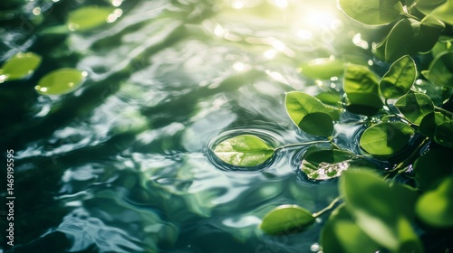 Obraz na płótnie Water surface with leaves floating in sunlight with soft reflections and peaceful ripple details in nature w salonie