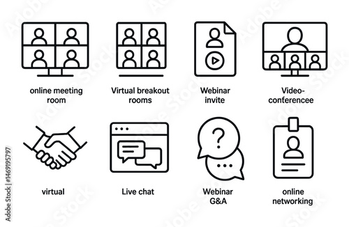 Virtual meeting outline icons set – linear, online collaboration, remote work symbols