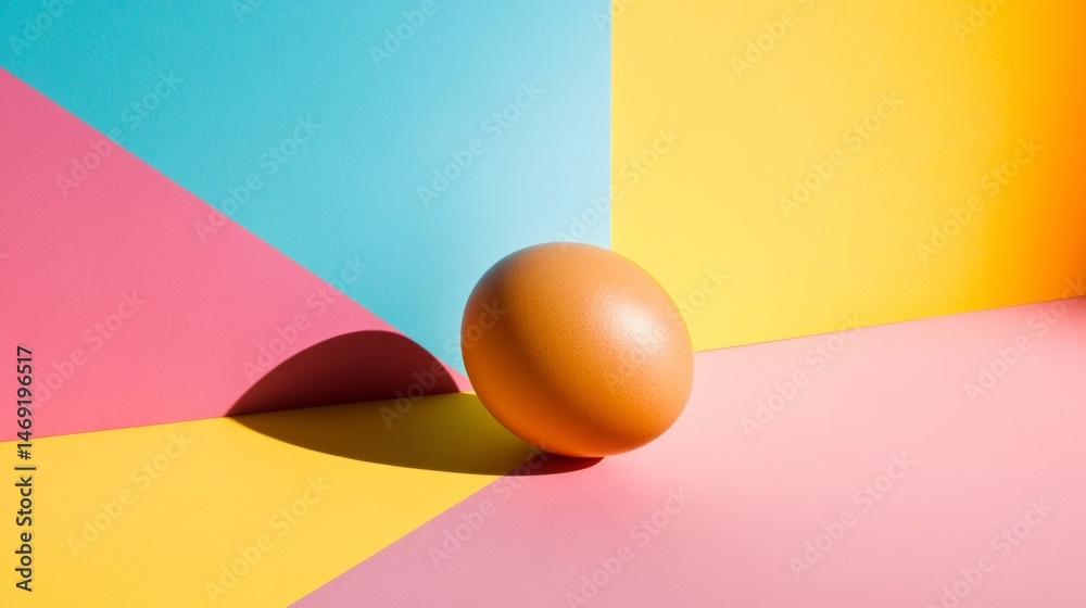 Brown egg resting on multicolor geometric surface with shadows in minimal aesthetic pastel setup