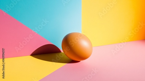 Obraz na płótnie Brown egg resting on multicolor geometric surface with shadows in minimal aesthetic pastel setup w salonie