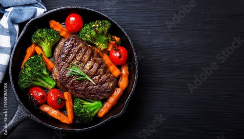 American food concept. Grilled beef steak with grilled vegetables, with carrots, cherry tomatoes, broccoli, in a cast iron pan. copy space rosemary