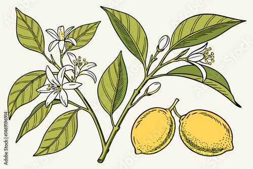 49 detailed botanical illustration, realistic rendering, lemon tree, green leaves, yellow lemons, blooming flowers, detailed textures, vivid colors, photorealistic, botanical illustration, plant study
