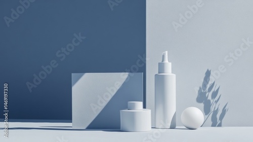White geometric podium with minimalist skincare bottles casting shadows on abstract blue wall composition