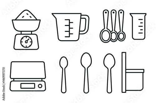Kitchen and cooking outline icons set – utensils, measuring tools, culinary symbols